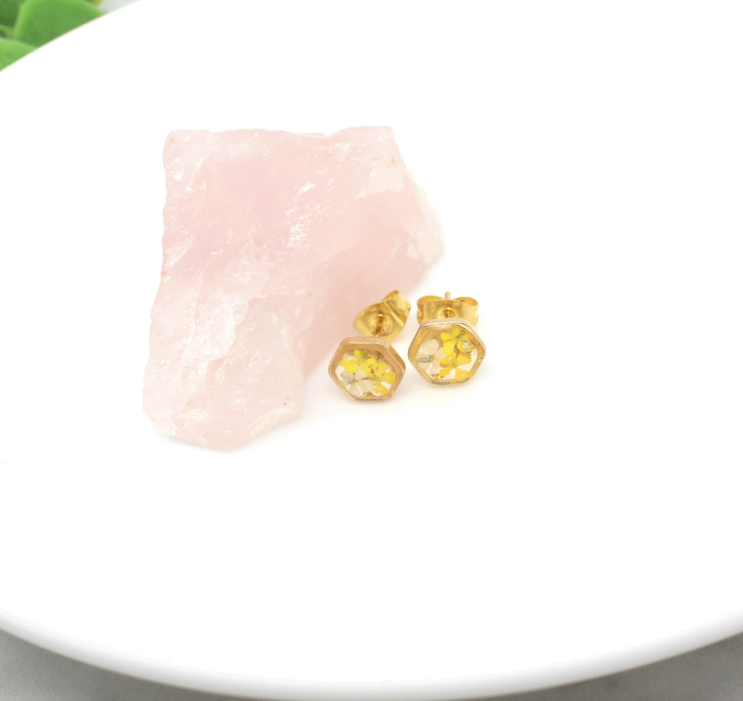 Tiny Pressed Flower Stud Earrings, Gold Hexagon Studs, Yellow Flowers, Pressed Flower Jewelry, Real Pressed Dry Flowers, Titanium, Resin