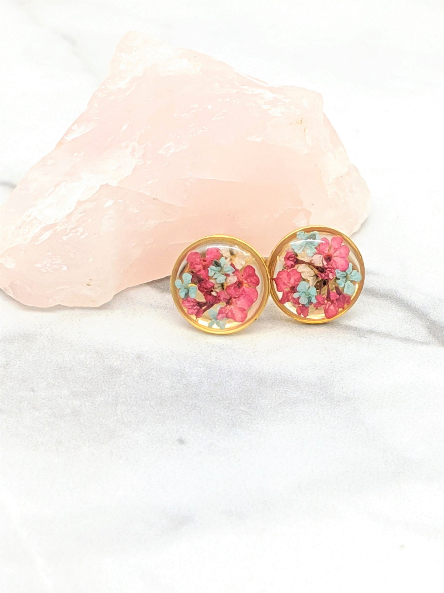 Pressed Flower Earrings, Magenta Pink Gold Circle Posts, Pressed Flower Jewelry, Real Dried Flower Resin Studs, Pressed Flowers Earrings