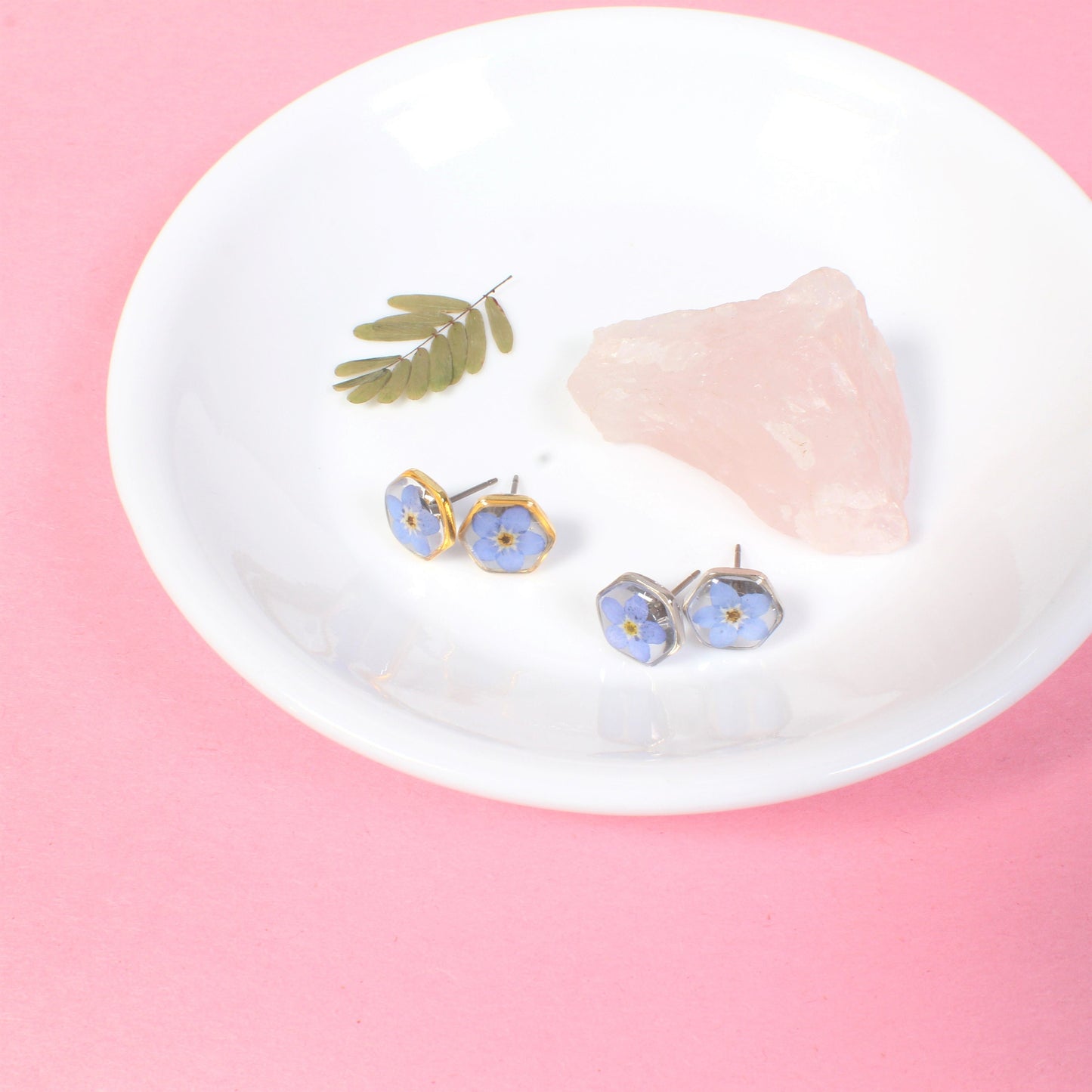 Pressed Flower Earrings, Forget-Me-Not Studs, Hypoallergenic Titanium Posts, Real Dry Flower, Plant, Hexagon, Gold, Silver, Preserved Nature