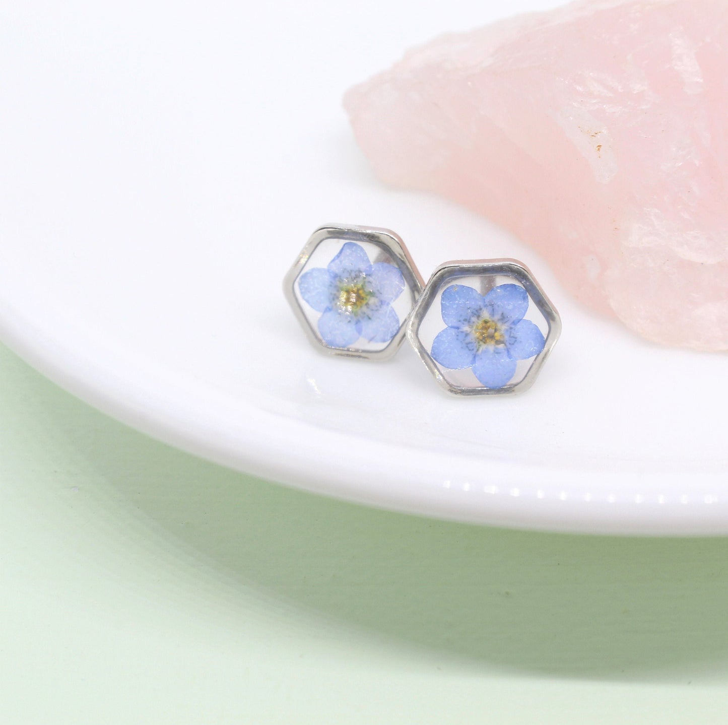 Pressed Flower Earrings, Forget-Me-Not Studs, Hypoallergenic Titanium Posts, Real Dry Flower, Plant, Hexagon, Gold, Silver, Preserved Nature