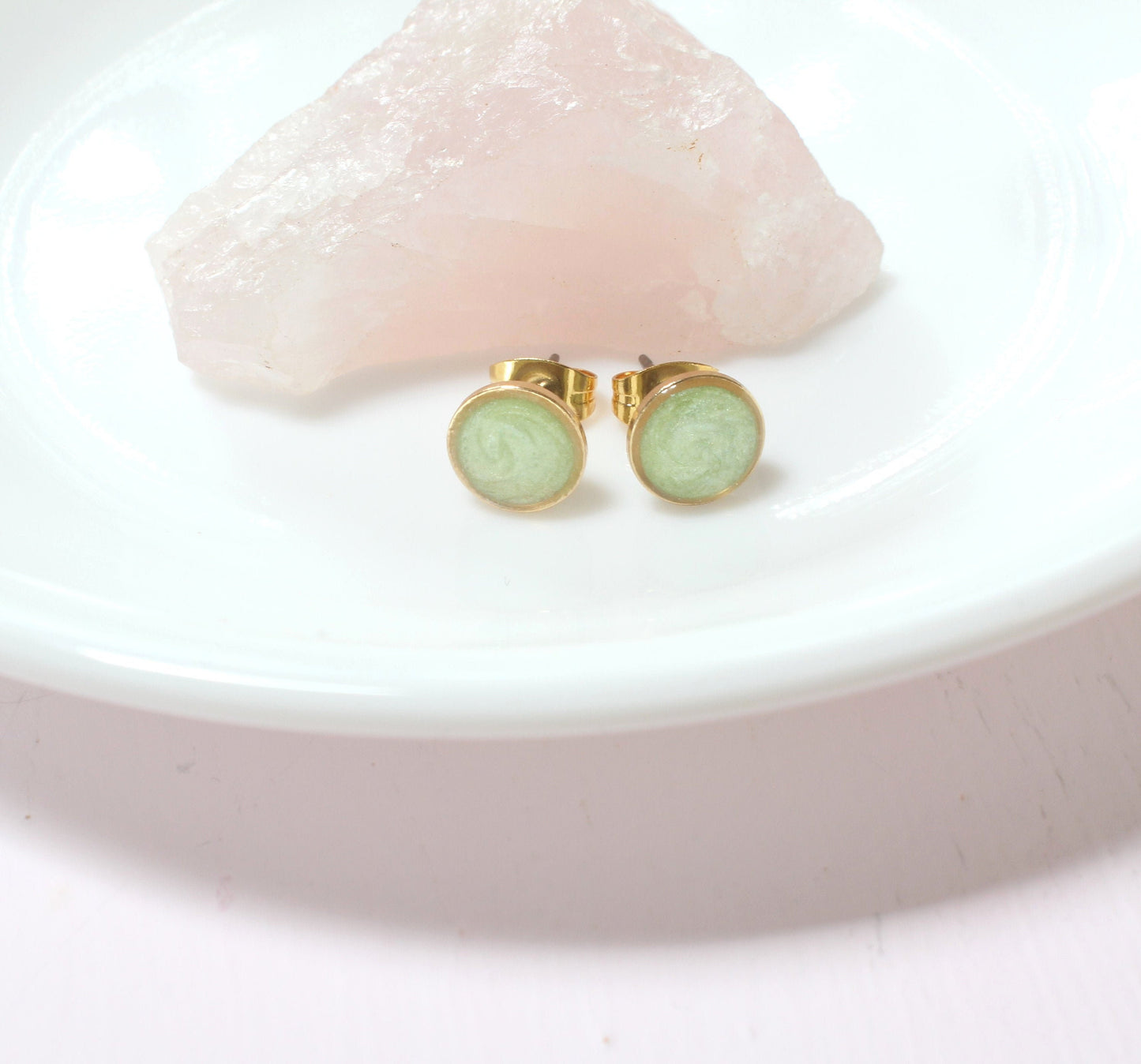 Small Modern Minimalist Mint Studs | Resin Post Earrings | Hypoallergenic Titanium | Geometric | Gold Circles, Mint Green | Layering Accent