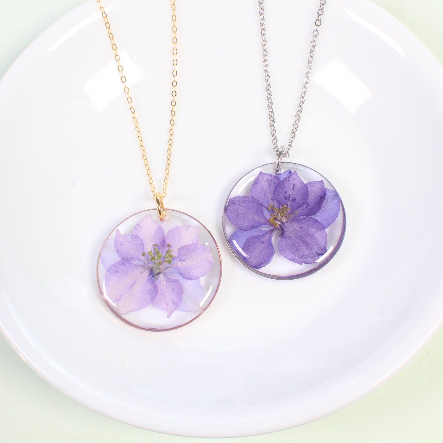 Light purple pressed flower necklace, July birth flower jewelry, real dried flower pendant, handmade resin jewelry, gold filled, larkspur