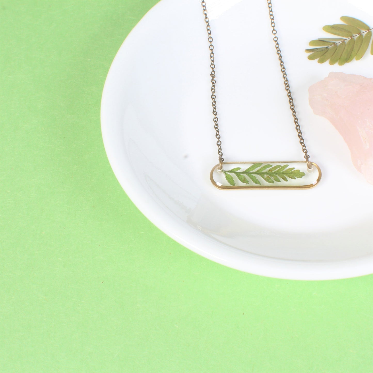 Oval Pressed Fern Leaf Necklace in Brass