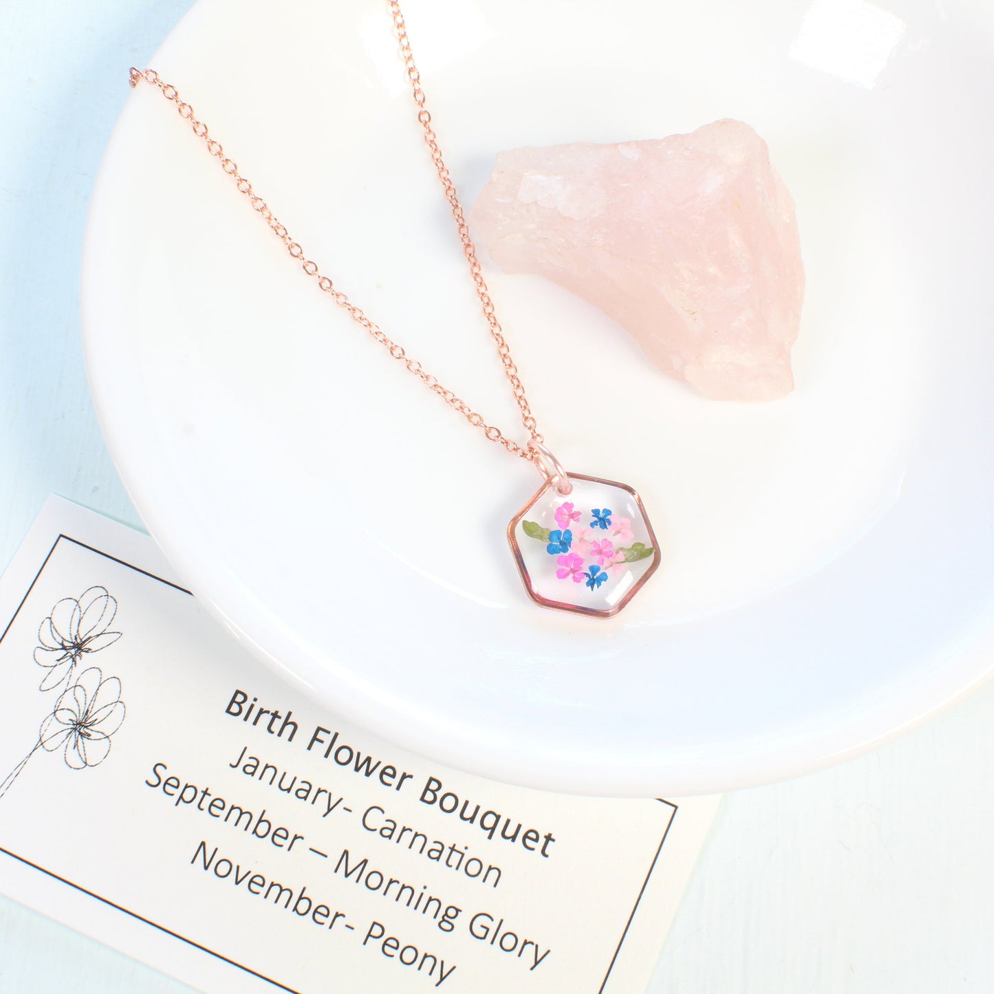 Custom birth month pressed flower bouquet necklace, unique gift for her, family garden resin jewelry personalized handmade botanical pendant