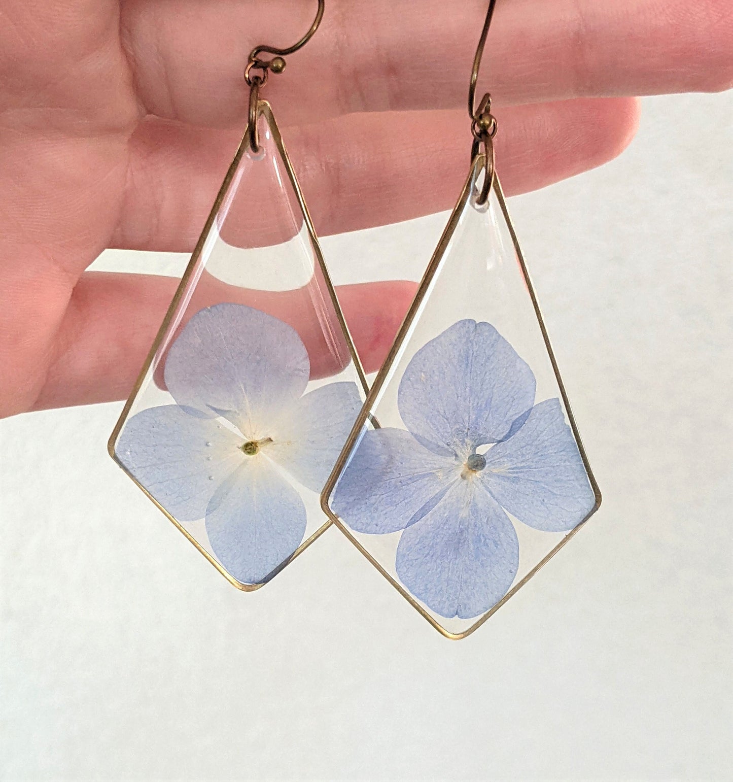 Large hydrangea earrings, blue pressed flower dangle earrings, resin dried flower jewelry, handmade, kite shaped, triangle resin earring