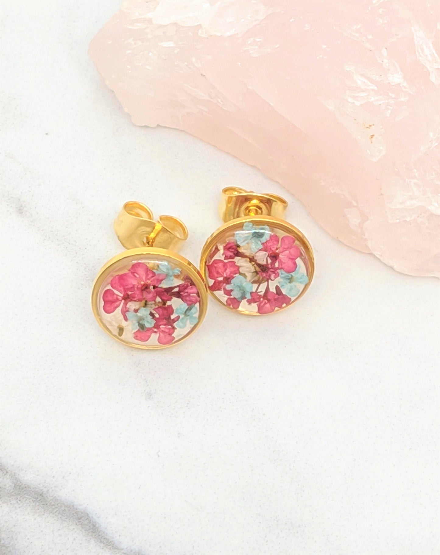 Pressed Flower Earrings, Magenta Pink Gold Circle Posts, Pressed Flower Jewelry, Real Dried Flower Resin Studs, Pressed Flowers Earrings