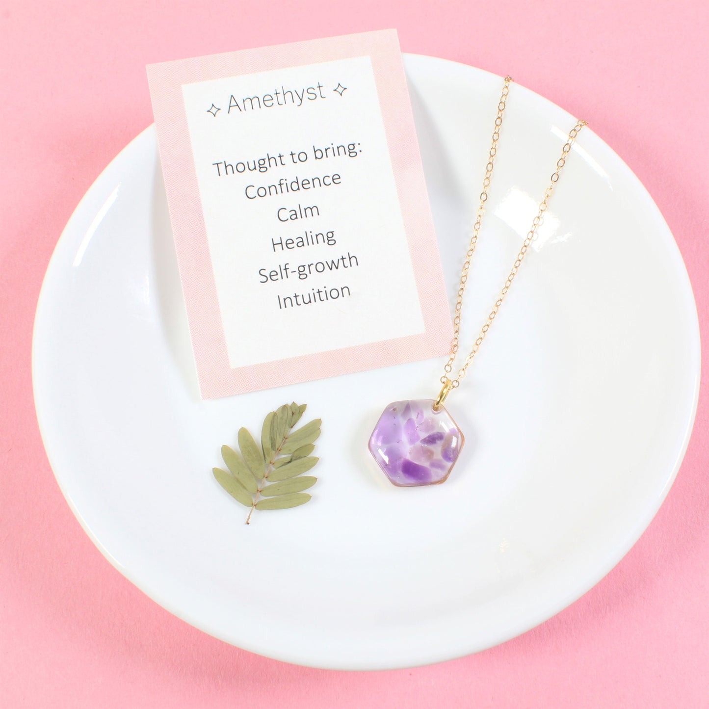 Crushed Amethyst Gemstone Resin Hexagon Necklace
