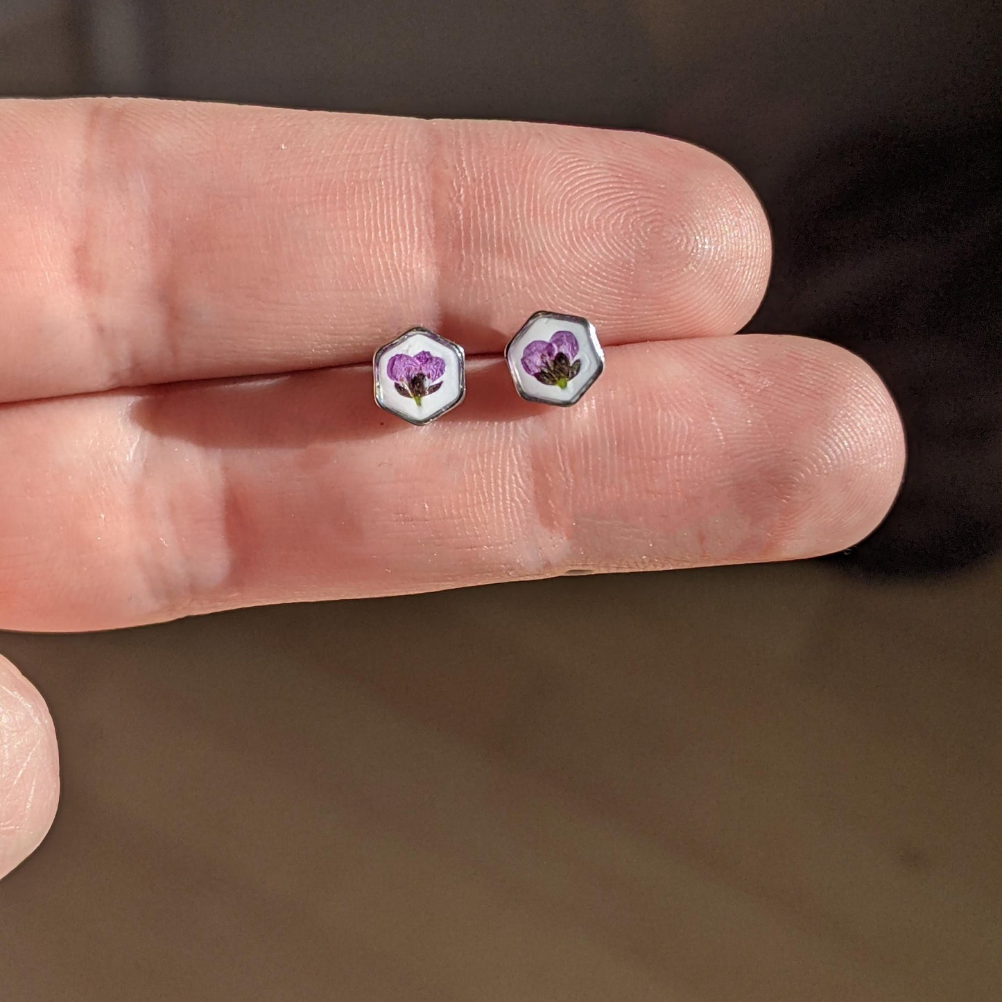 Teeny tiny gold pressed flower earrings, hexagon titanium studs, botanical plant jewelry, nature lover gift, dry flower resin posts, purple