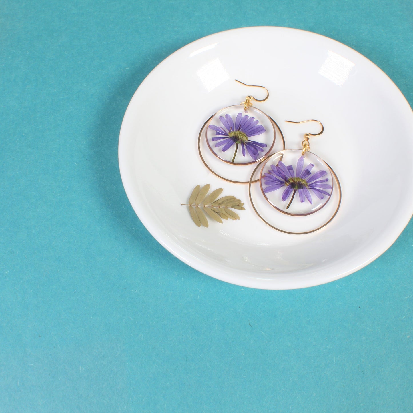 Pressed flower earrings, Aster, large dangle earrings, purple daisy, September birth flower jewelry, handmade botanical plant wildflower