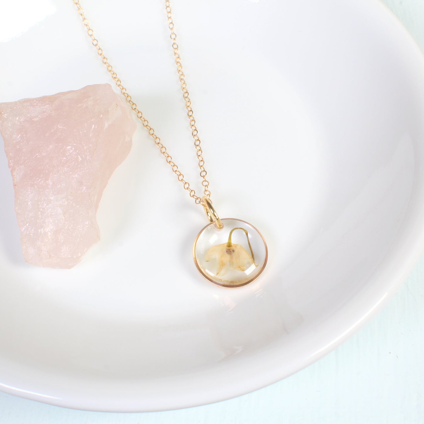 Lily of the Valley Necklace, May birth flower, beige pressed flower pendant, natural jewelry, handmade resin preserved wildflower jewelry