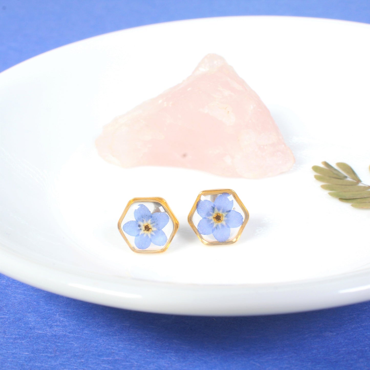 Pressed Flower Earrings, Forget-Me-Not Studs, Hypoallergenic Titanium Posts, Real Dry Flower, Plant, Hexagon, Gold, Silver, Preserved Nature