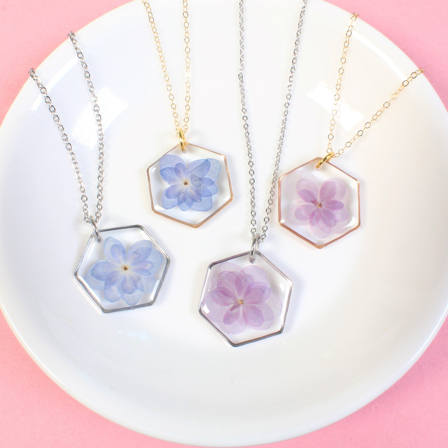 Hydrangea necklace, real pressed flower pendant, purple, blue, gold, silver, handmade resin dried flower jewelry, hexagon, botanical, nature