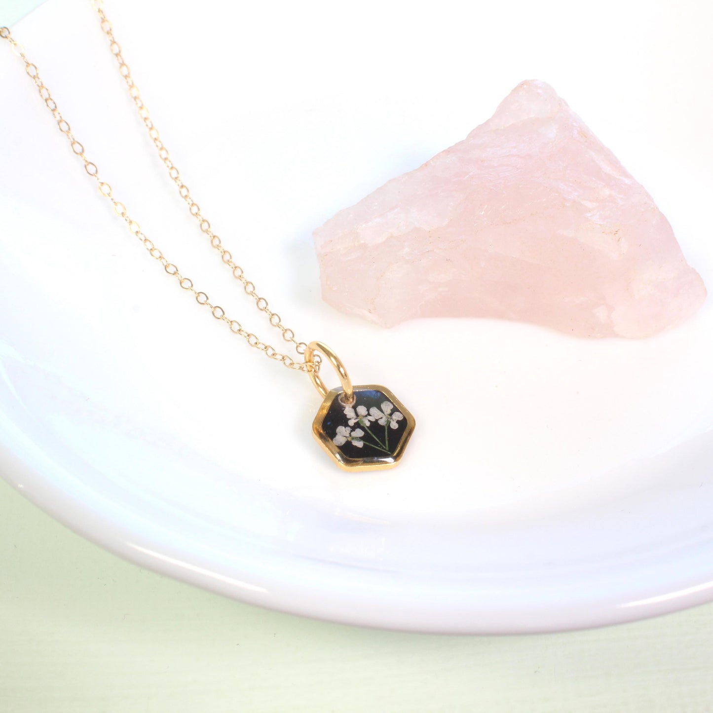 Tiny real pressed flower jewelry set, hexagons, gold silver black white, dainty, minimalist, titanium, handmade resin, mother's day gift