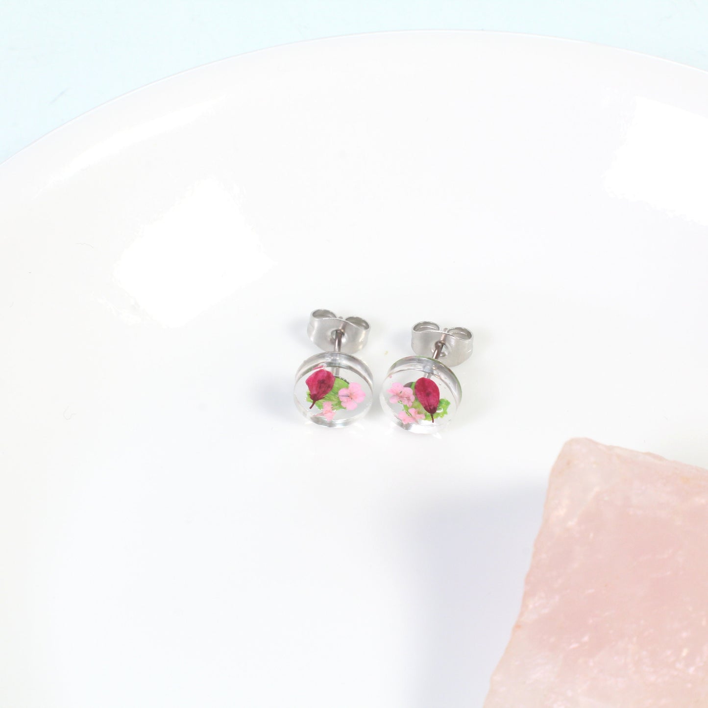 Small real pressed flower earrings, handmade resin studs in magenta, blush pink, light green, titanium posts, dried flowers, clear nature