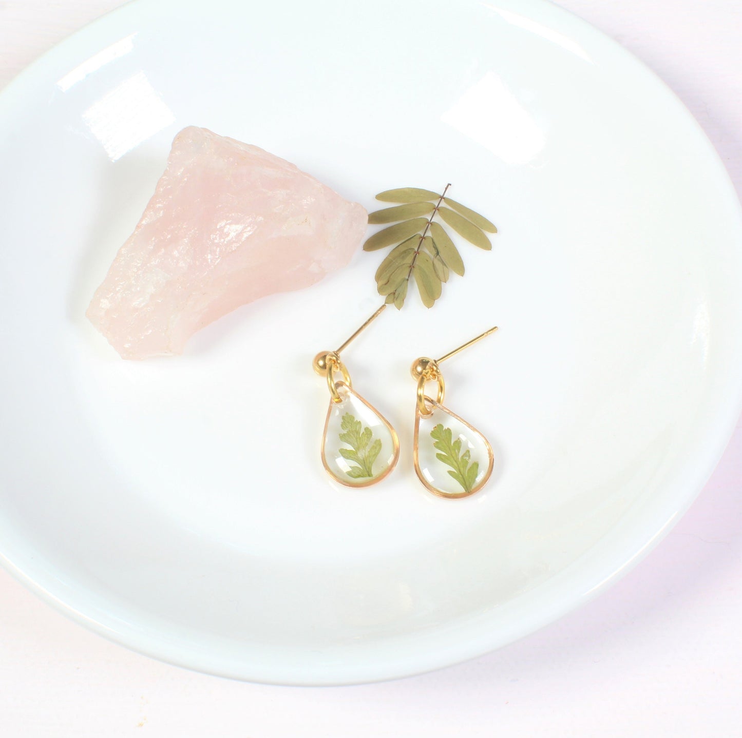 Fern Dangle Earrings, Pressed Leaf Teardrop Earrings, Real Plant Jewelry, Lightweight, Resin, Handmade, Pressed Flowers, Gold, Silver