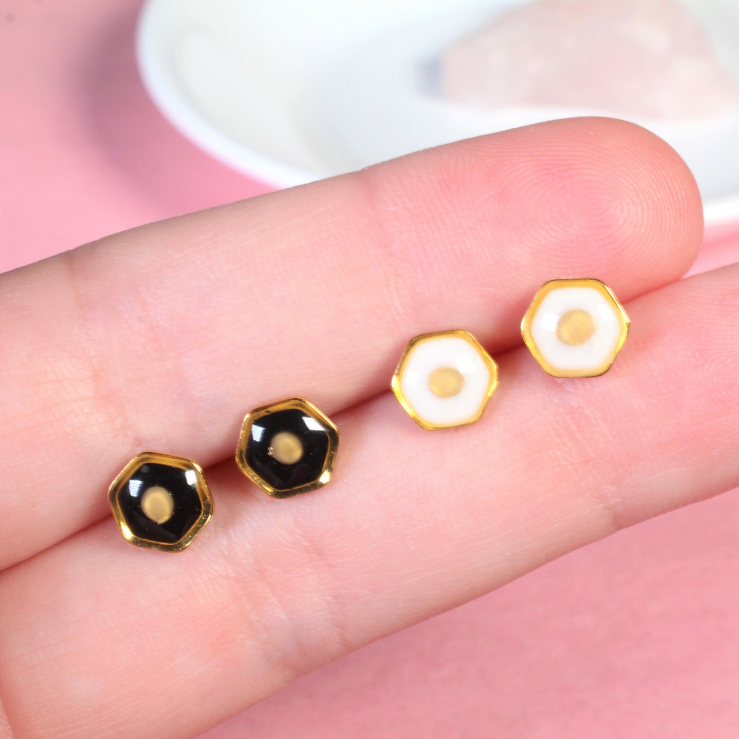 Mustard seed earrings, tiny hexagon stud earrings, hypoallergenic titanium, handmade gold faith jewelry, modern Christian gifts, religious