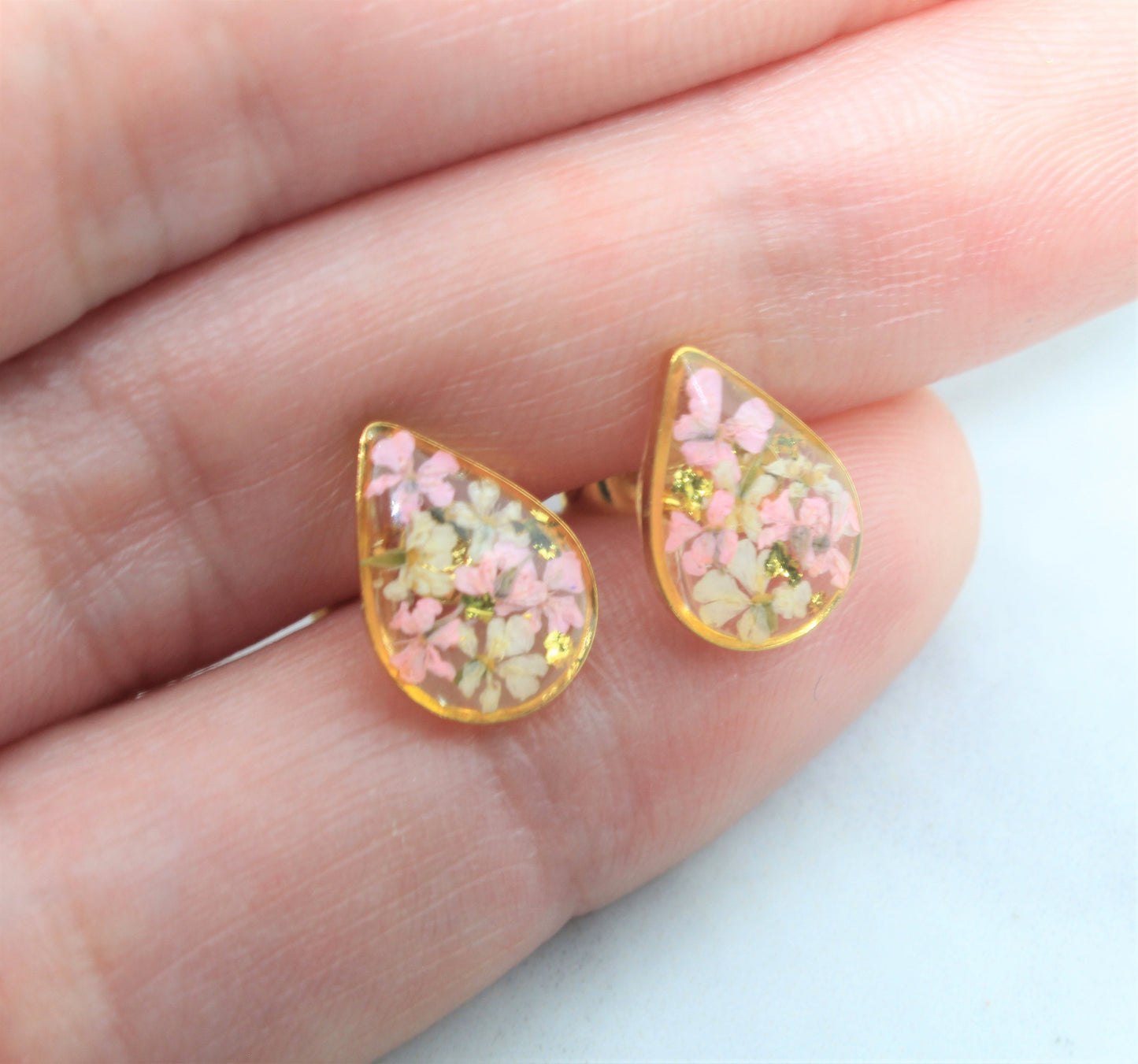 Pressed Flower Studs, Blush Pink, White, Gold Leaf Detail, Real Dry Flower Jewelry, Pressed Flower Post Earrings, Pressed Flower Jewelry