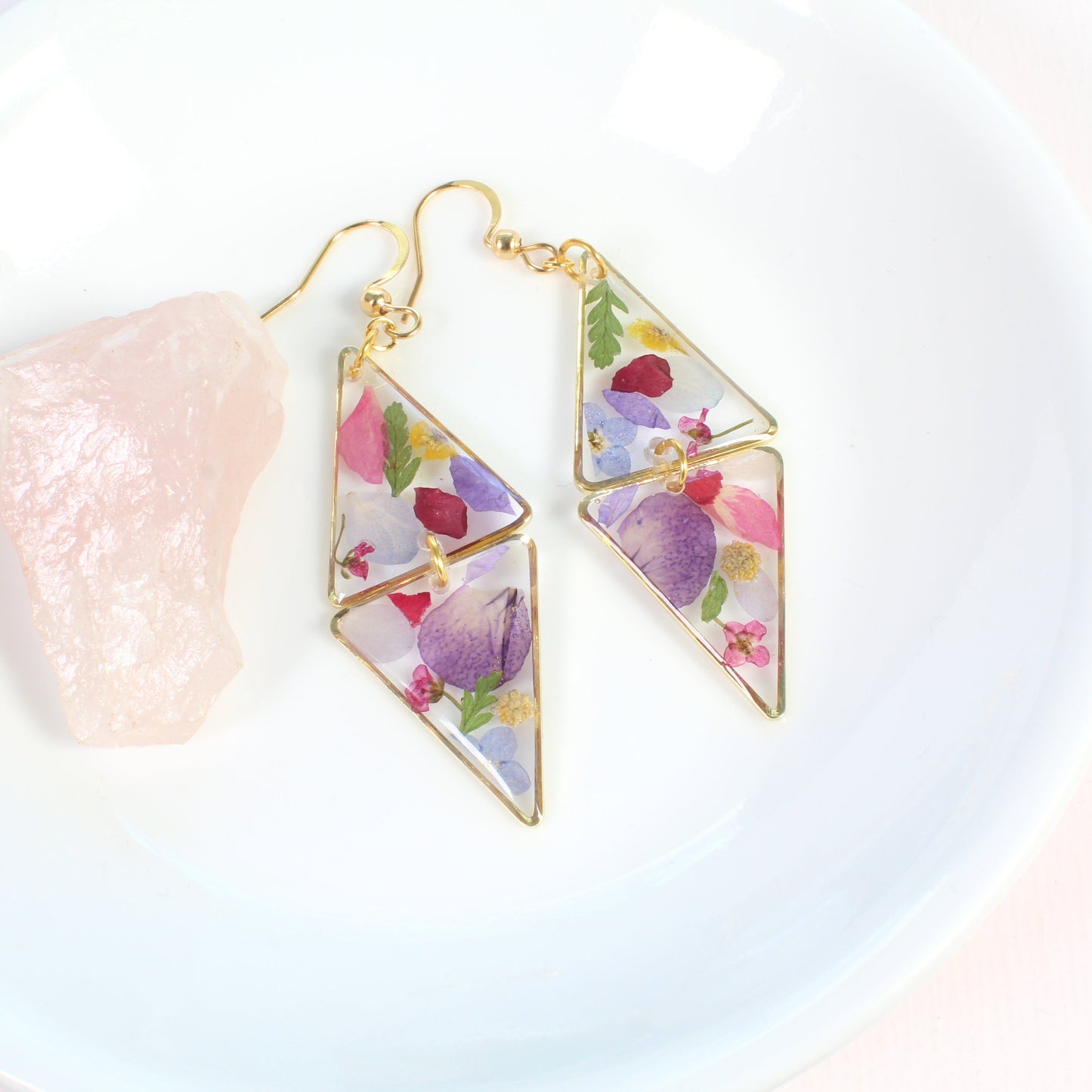Pressed flower earrings, geometric resin wildflower dangles, handmade botanical jewelry, triangle, unique, bespoke, colorful, gardener gift
