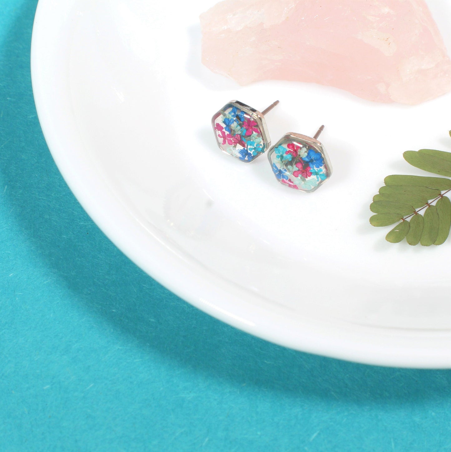 Pressed Flower Studs, Maroon, Teal, Navy Hexagon Studs, Real Flower Jewelry, Dried Flowers, Resin Plant Earrings, Hypoallergenic Titanium