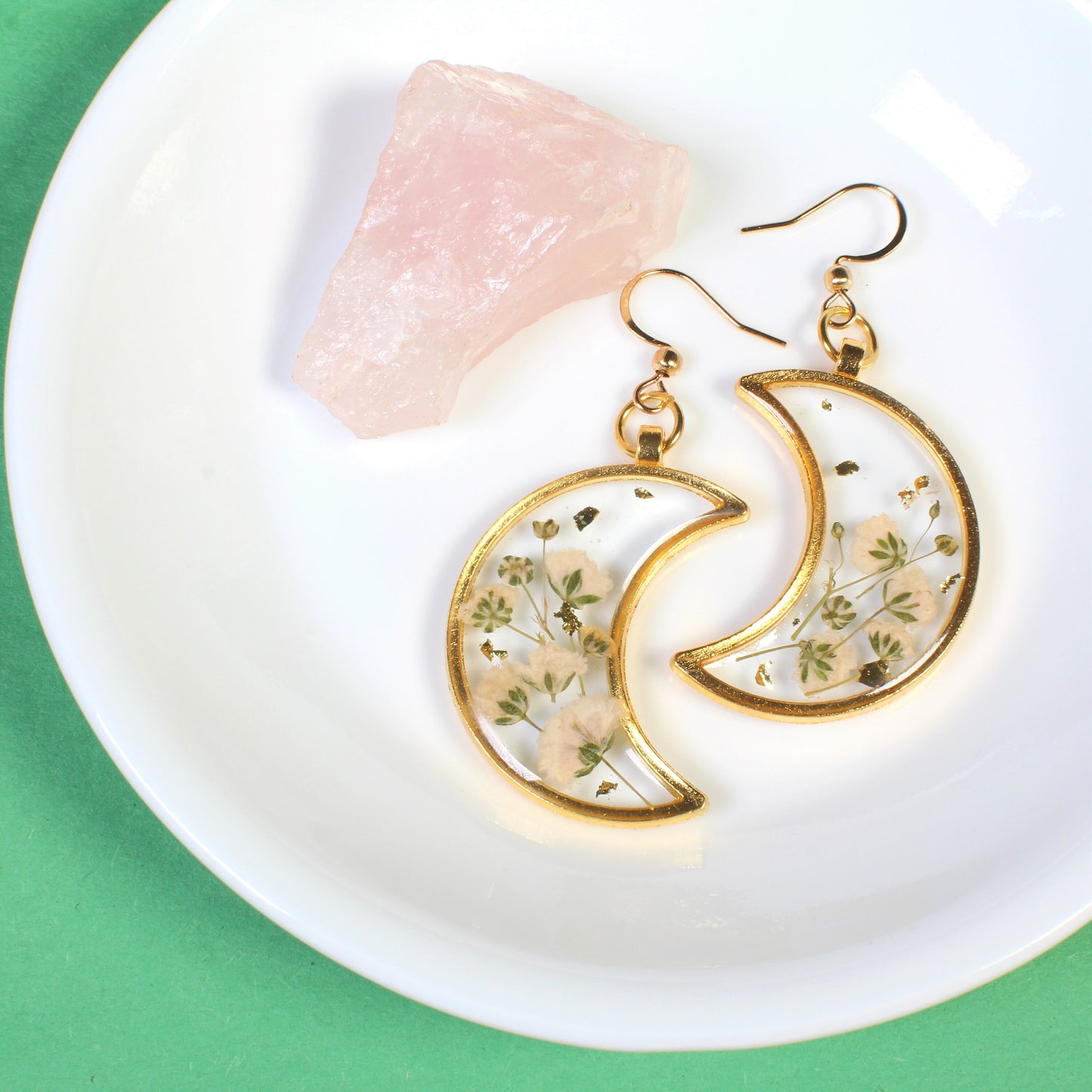 Pressed flower earrings, Gold moon dangle earrings, Resin flower jewelry, handmade, white baby's breath, dry botanicals, wildflowers, lunar