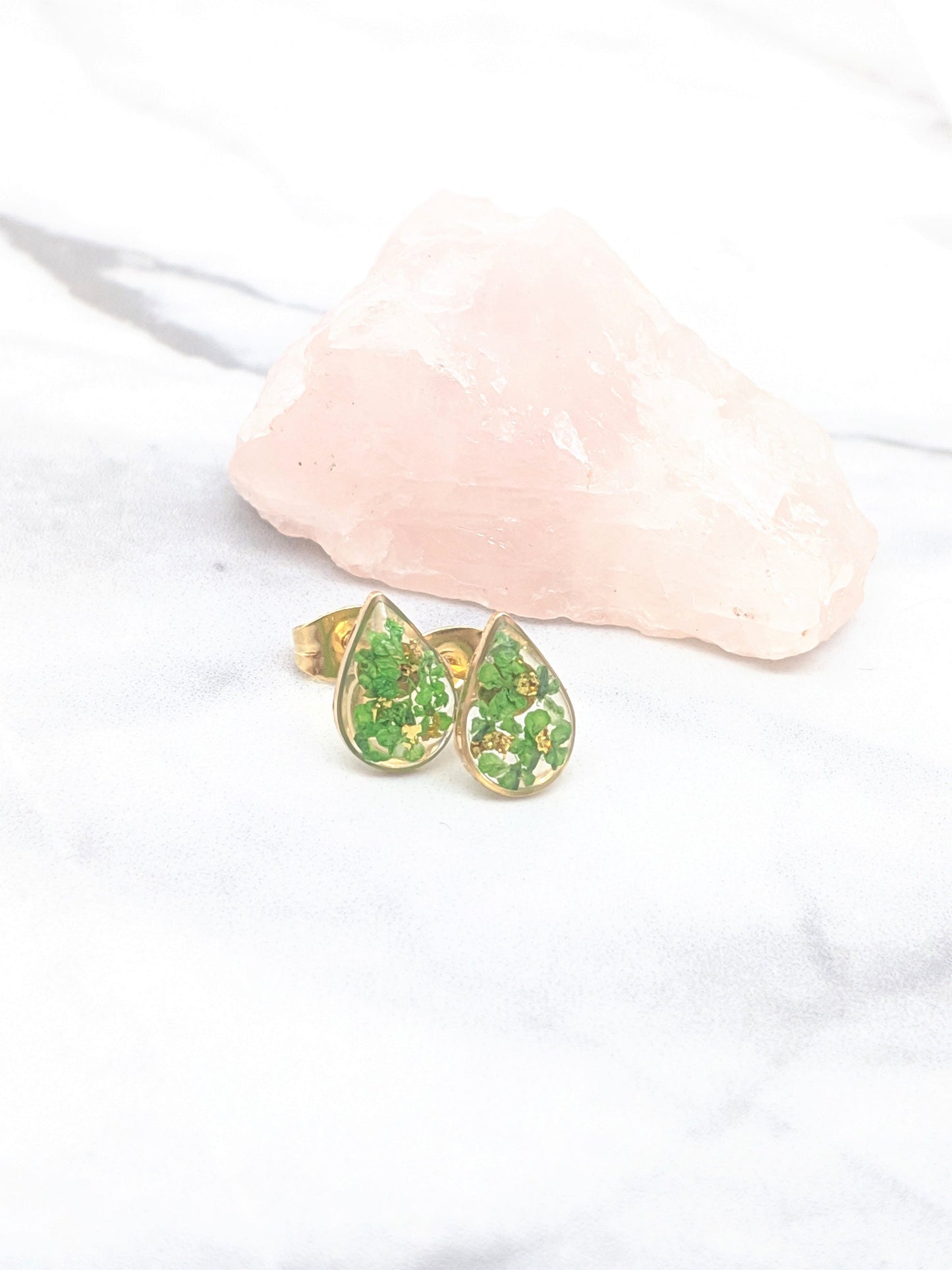 Real Pressed Flower Earrings, Emerald Green & Gold Teardrop Studs, Wildflower Post Earrings, Pressed Flower Jewelry, Green Pressed Flower