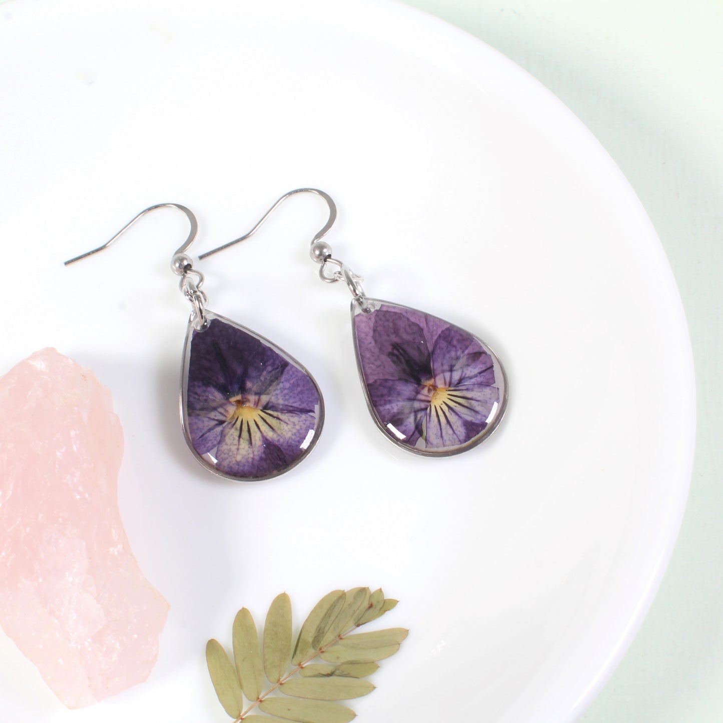 Pressed flower dangle earrings, real violet jewelry, purple pansy viola flowers, resin, February birth flower, handmade teardrop earrings