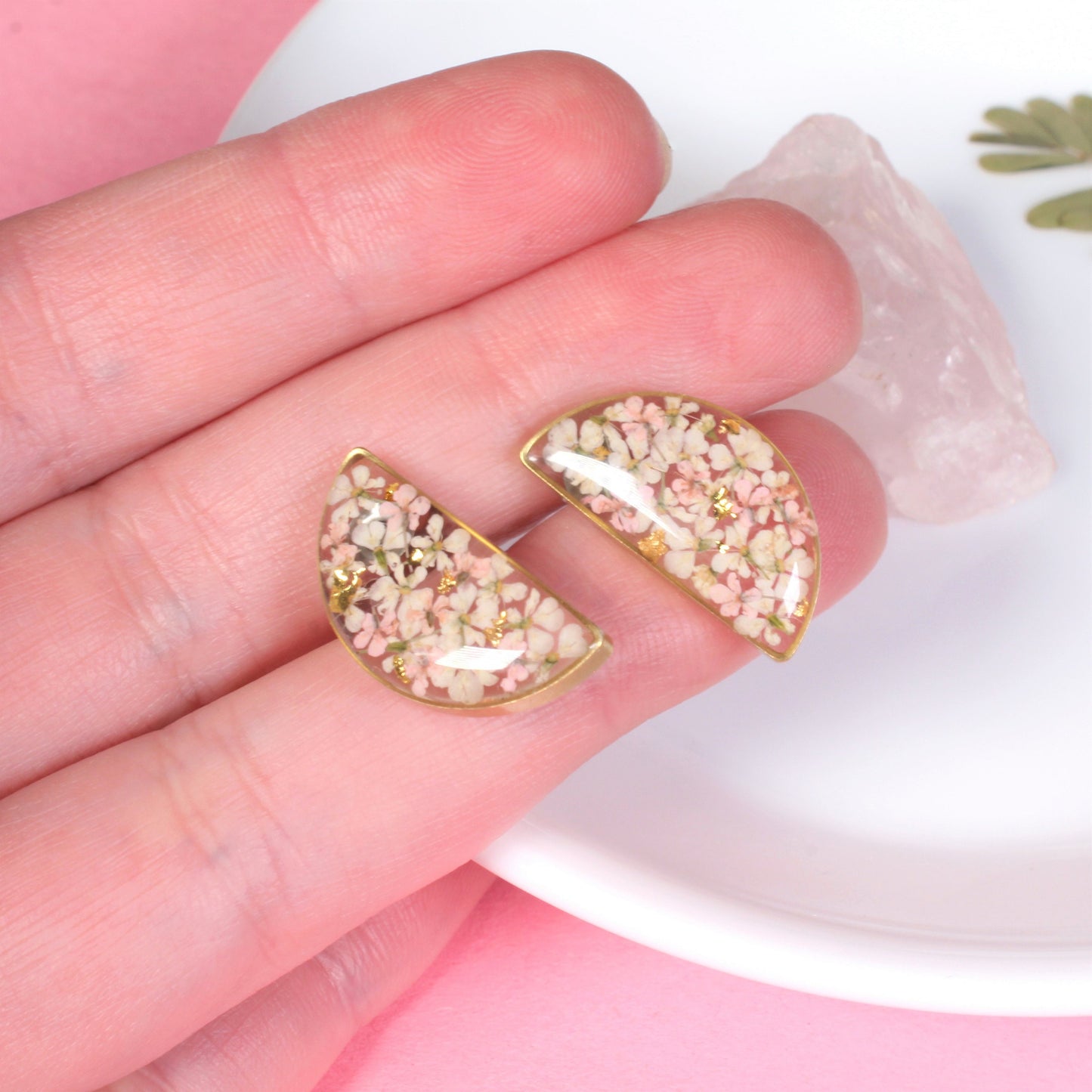 Pressed Flower Semicircle Earrings, Half Moon Resin Studs, Handmade Blush and White Dried Queen Anne's Lace, Hypoallergenic Titanium, Plants