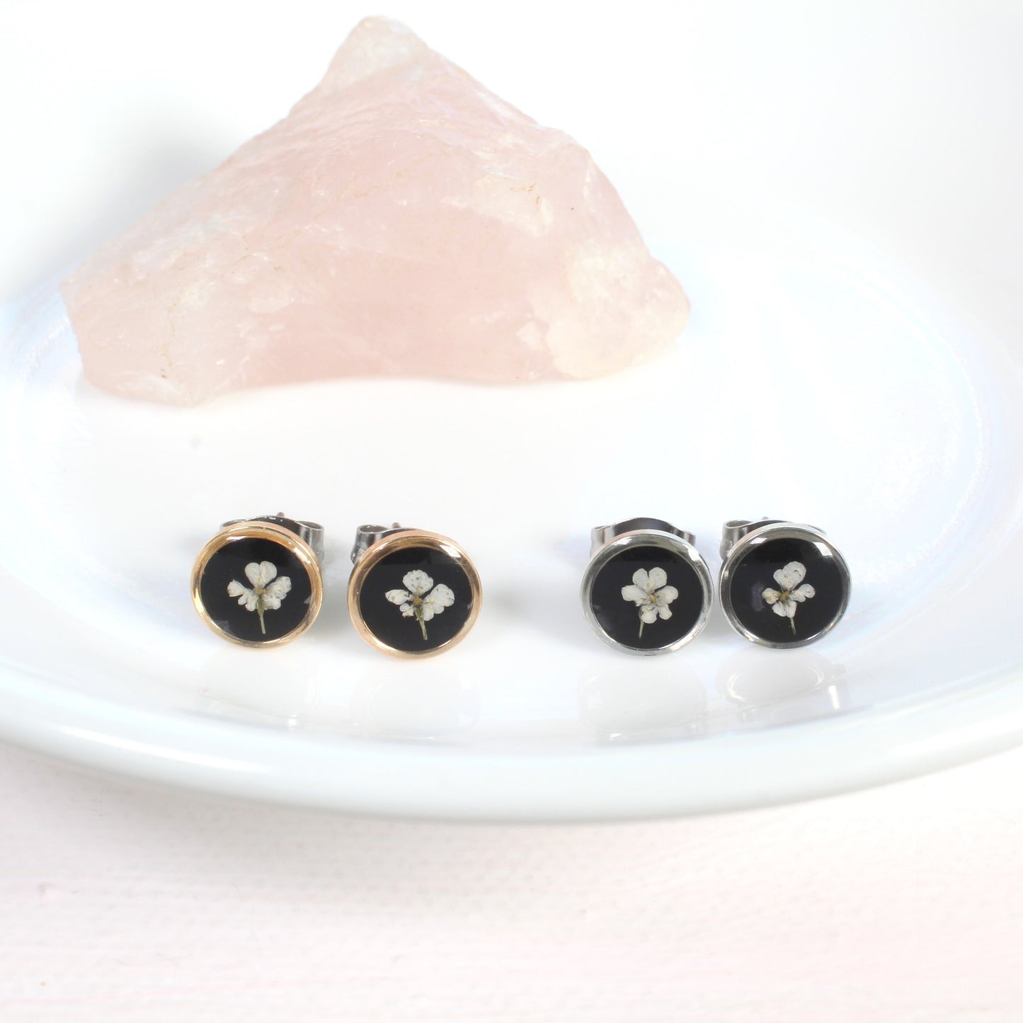 Tiny silver pressed flower stud earrings, handmade resin botanical jewelry, titanium posts, wildflowers, botanical, minimalist plant, nature