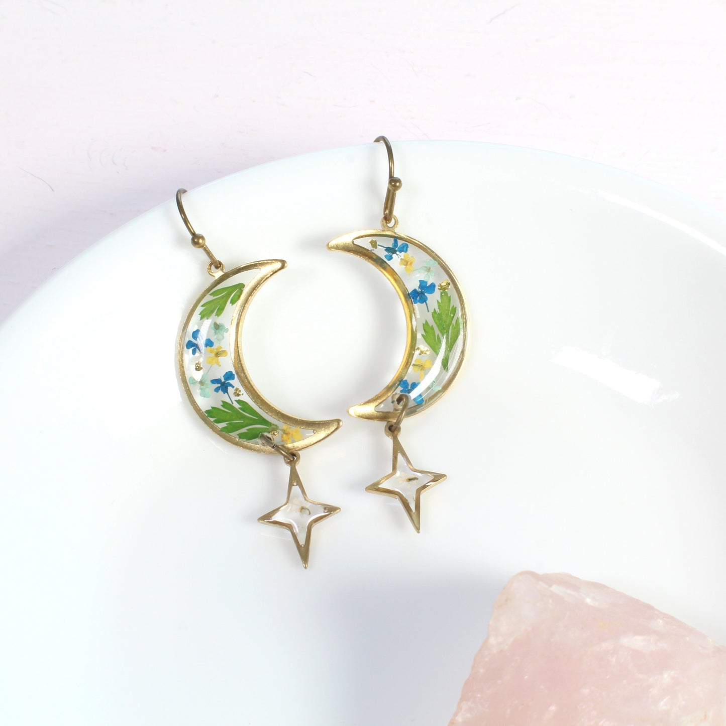 Pressed flower moon and star earrings, resin dried flower dangles, botanical lunar jewelry, handmade, celestial, fern leaves, nature, brass
