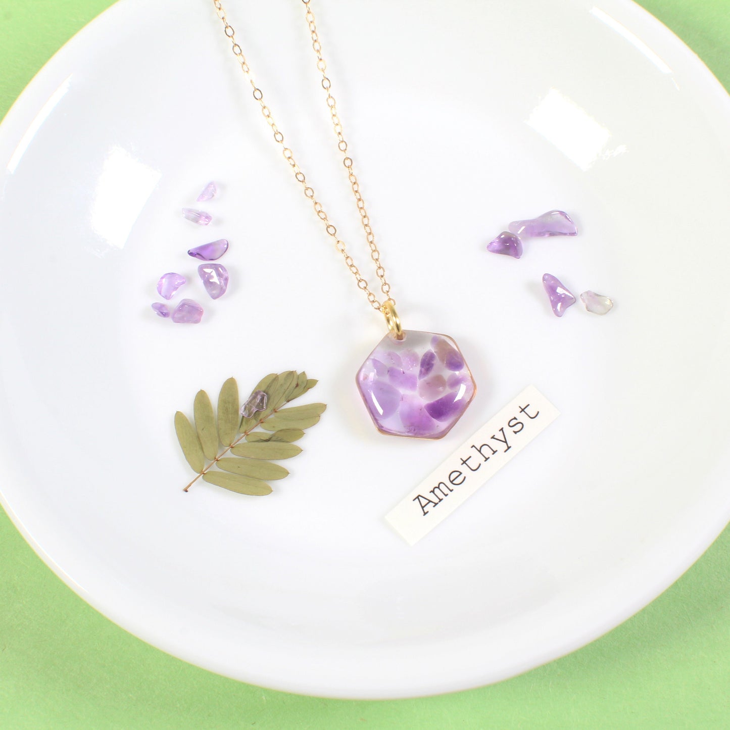 Crushed Amethyst Gemstone Resin Hexagon Necklace