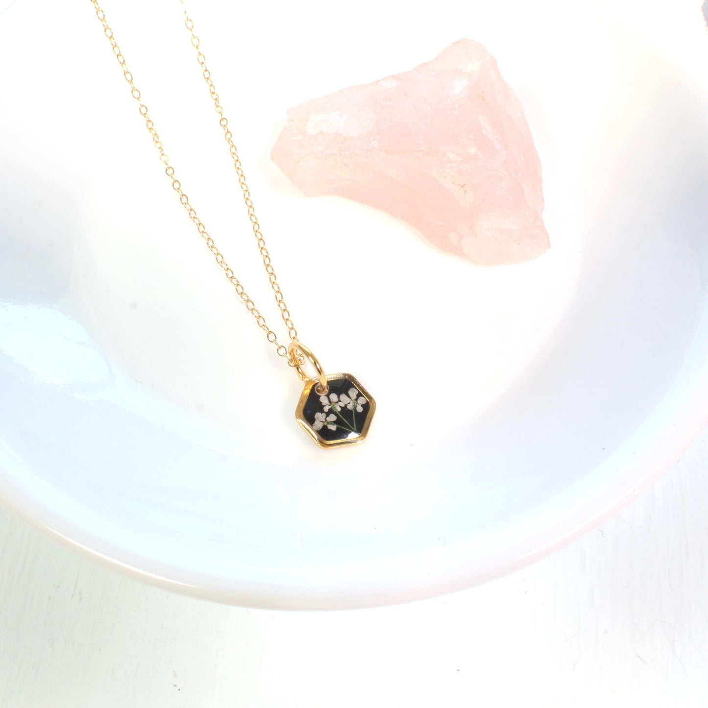 Tiny real pressed flower jewelry set, hexagons, gold silver black white, dainty, minimalist, titanium, handmade resin, mother's day gift