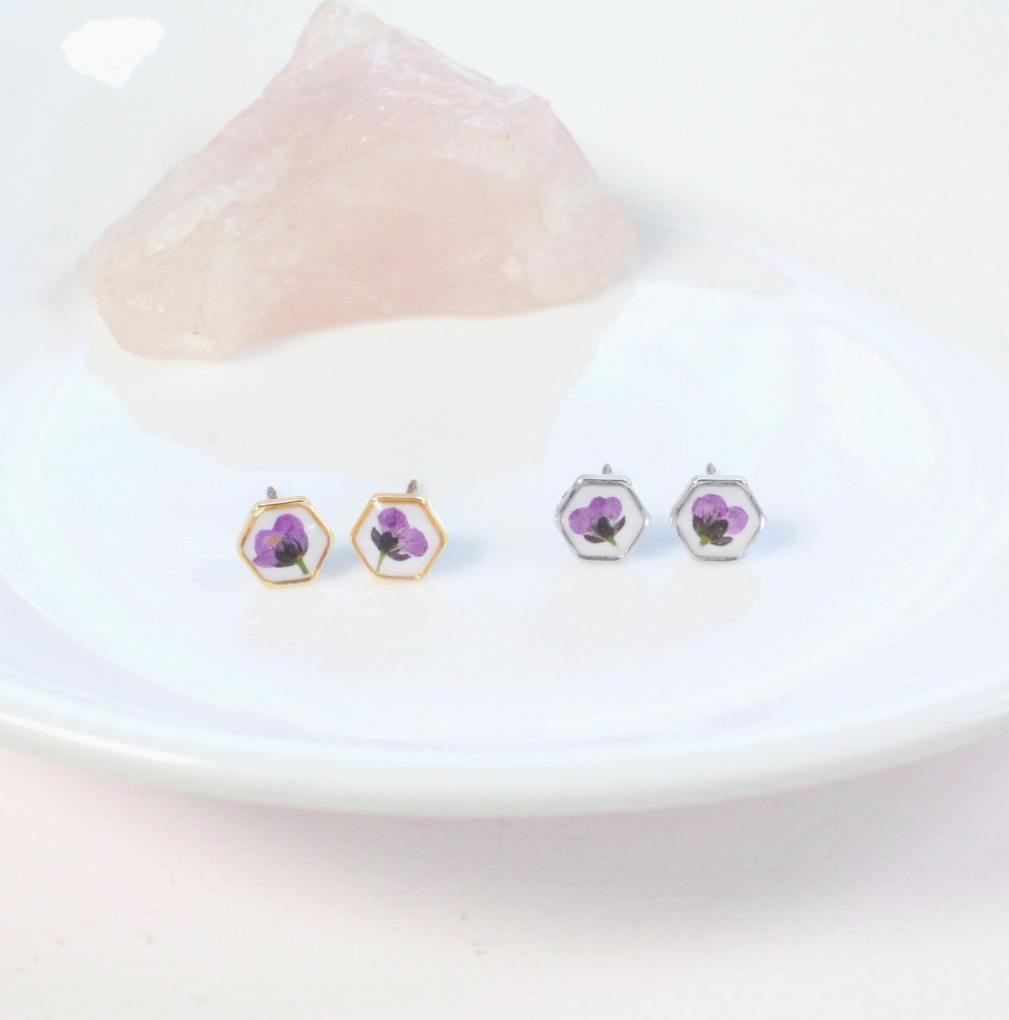 Teeny tiny gold pressed flower earrings, hexagon titanium studs, botanical plant jewelry, nature lover gift, dry flower resin posts, purple