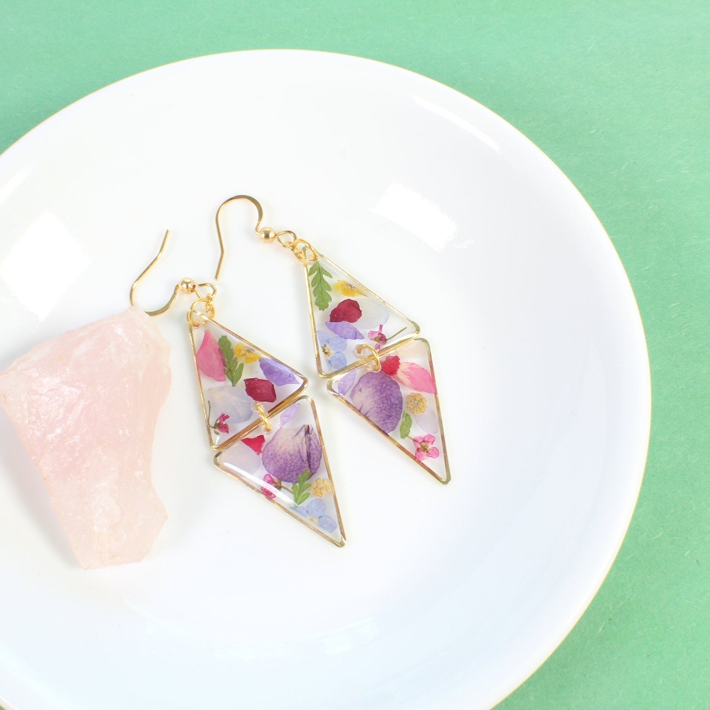 Pressed flower earrings, geometric resin wildflower dangles, handmade botanical jewelry, triangle, unique, bespoke, colorful, gardener gift