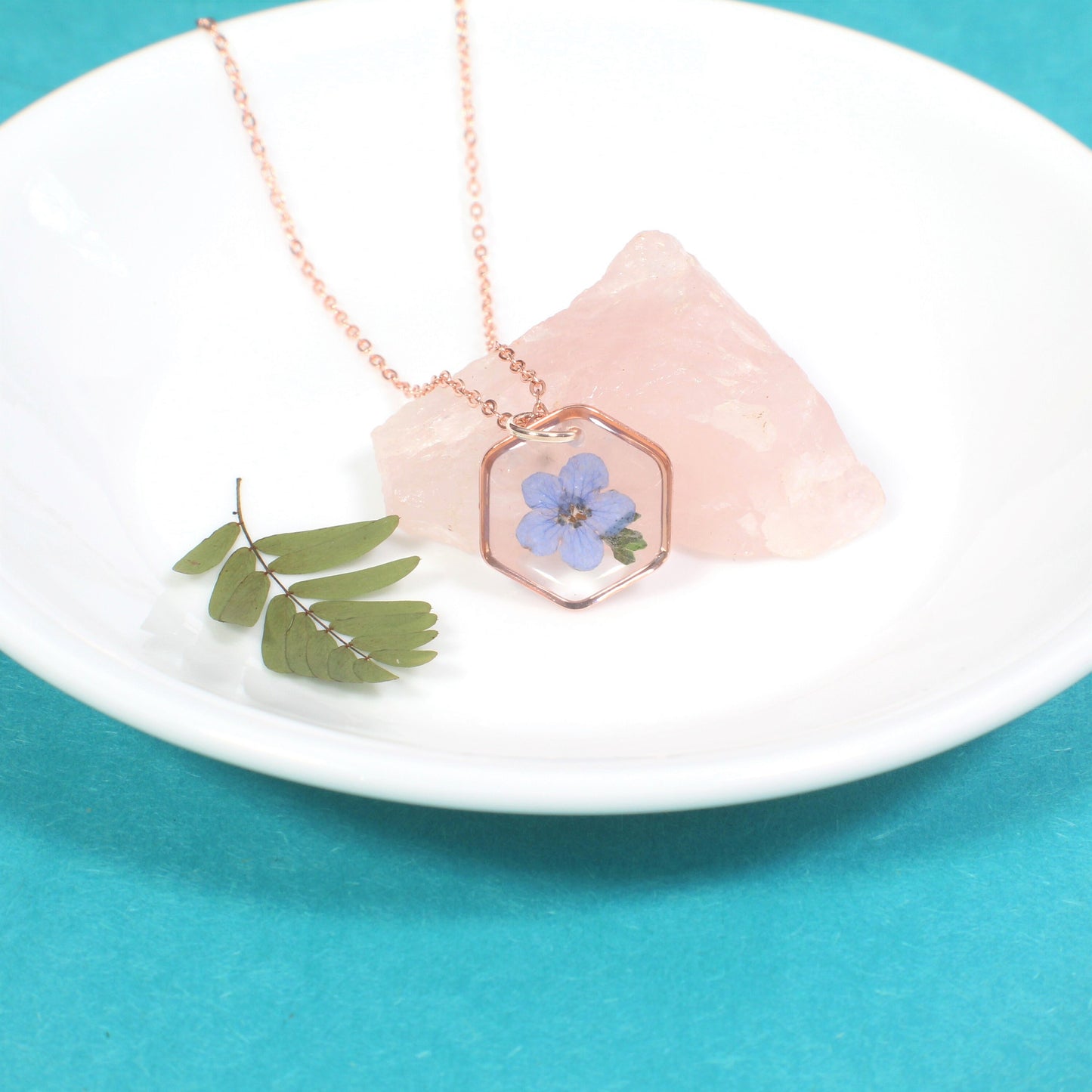 Forget me not Necklace, Pressed Flower Jewelry, Real Dried Flowers, Resin, Small Hexagon Forget-Me-Not, Handmade Gift for Loss