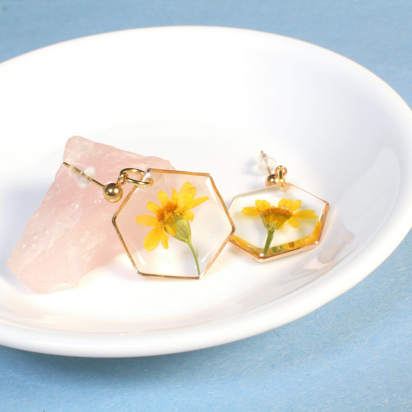 Yellow pressed flower dangle earrings, real daisy resin jewelry, dried floral, handmade, hexagons, wildflowers, March birth flower, daffodil