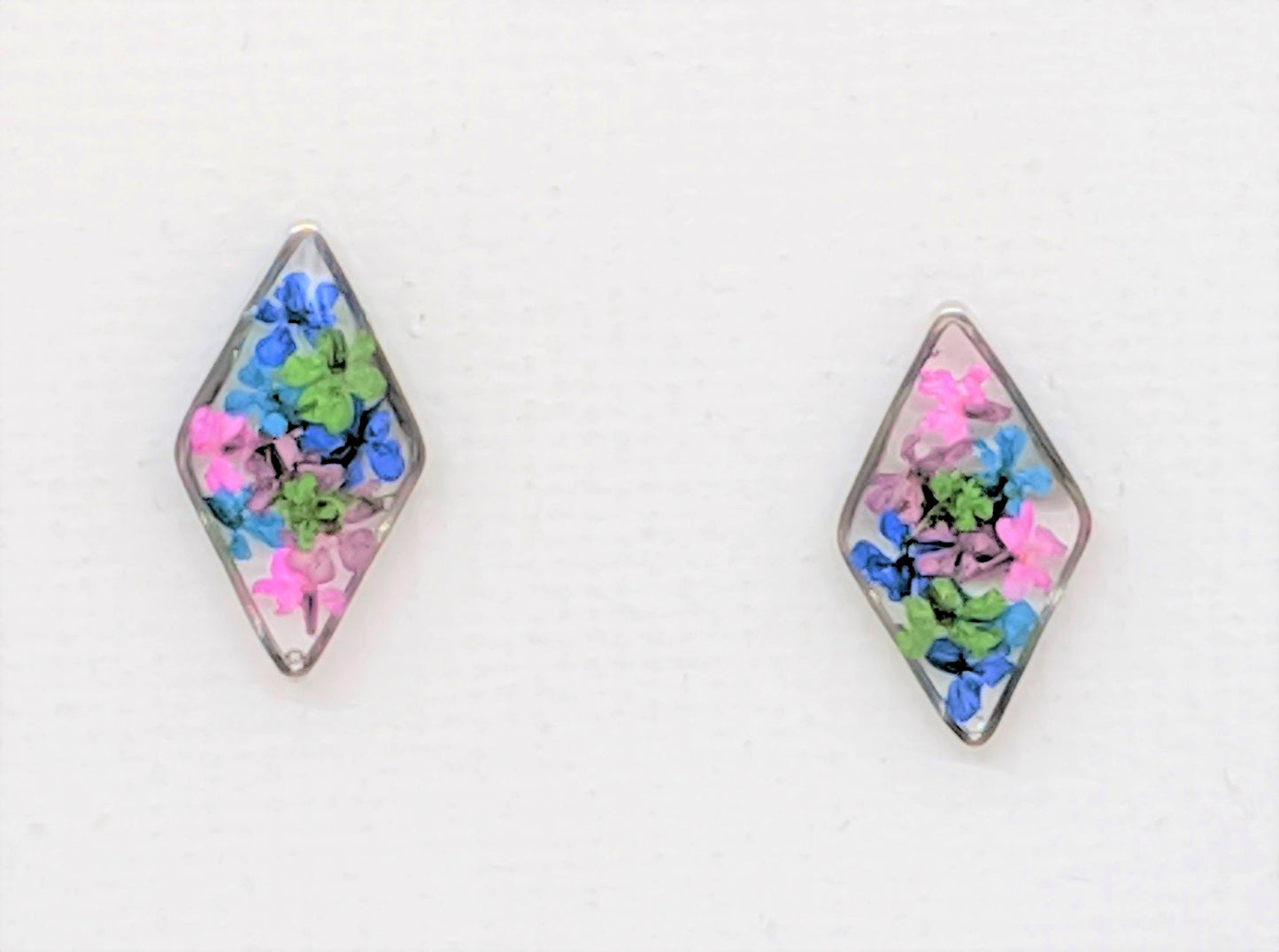 Silver Diamond-Shaped Rhombus Post Earrings with Real Pressed Flowers in Navy, Fuchsia, and Green, Titanium, Real flower jewelry, colorful