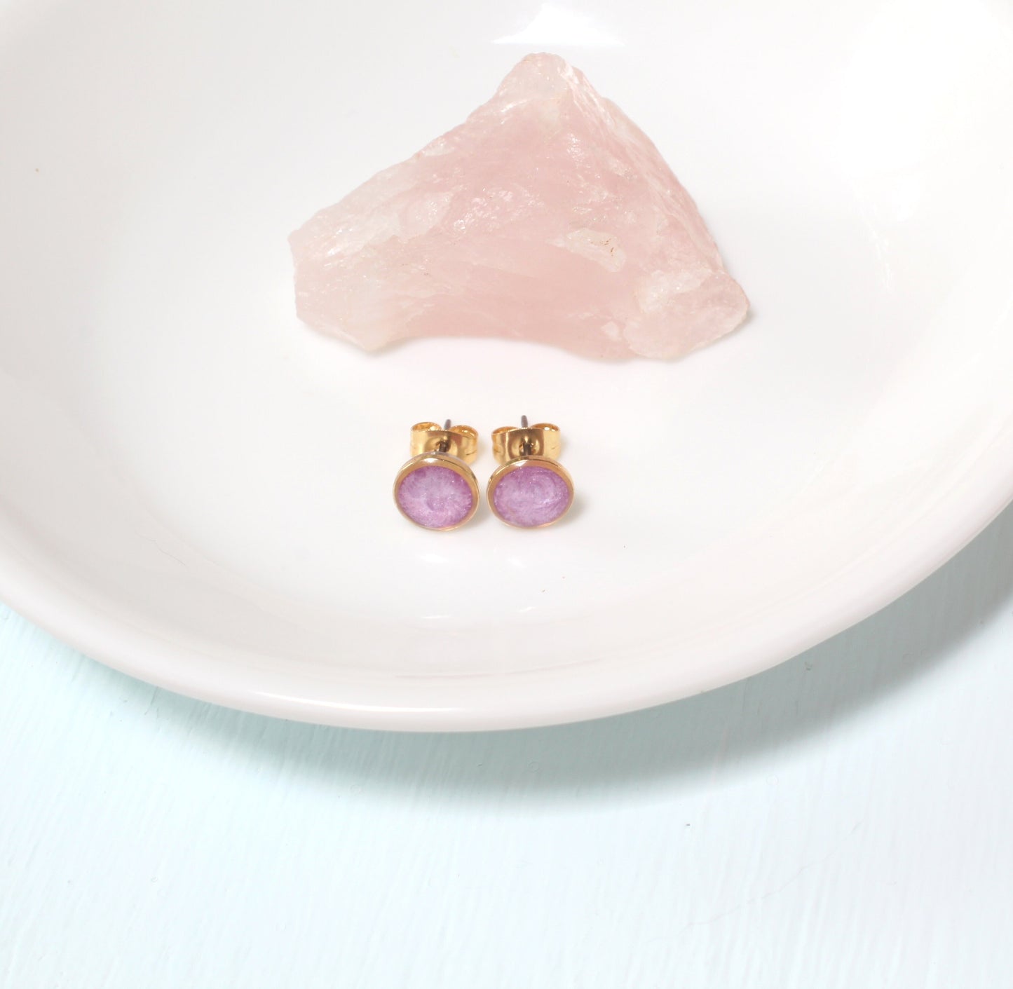 Small Modern Minimalist Lavender Studs | Resin Post Earrings | Hypoallergenic Titanium | Geometric | Gold Circles Lilac Mauve | Accent Posts