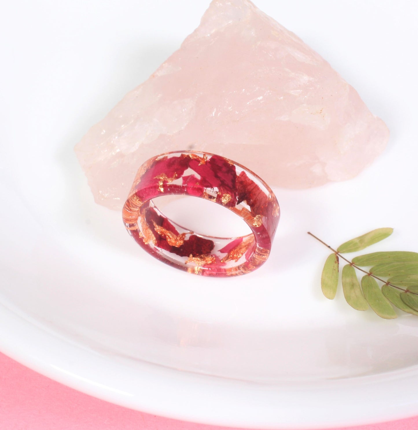 Real Pressed Flower Ring, Rose Petal and Copper Rose Gold Leaf Clear Resin Band, Pressed Flower Jewelry, Resin Ring, Pressed Flowers