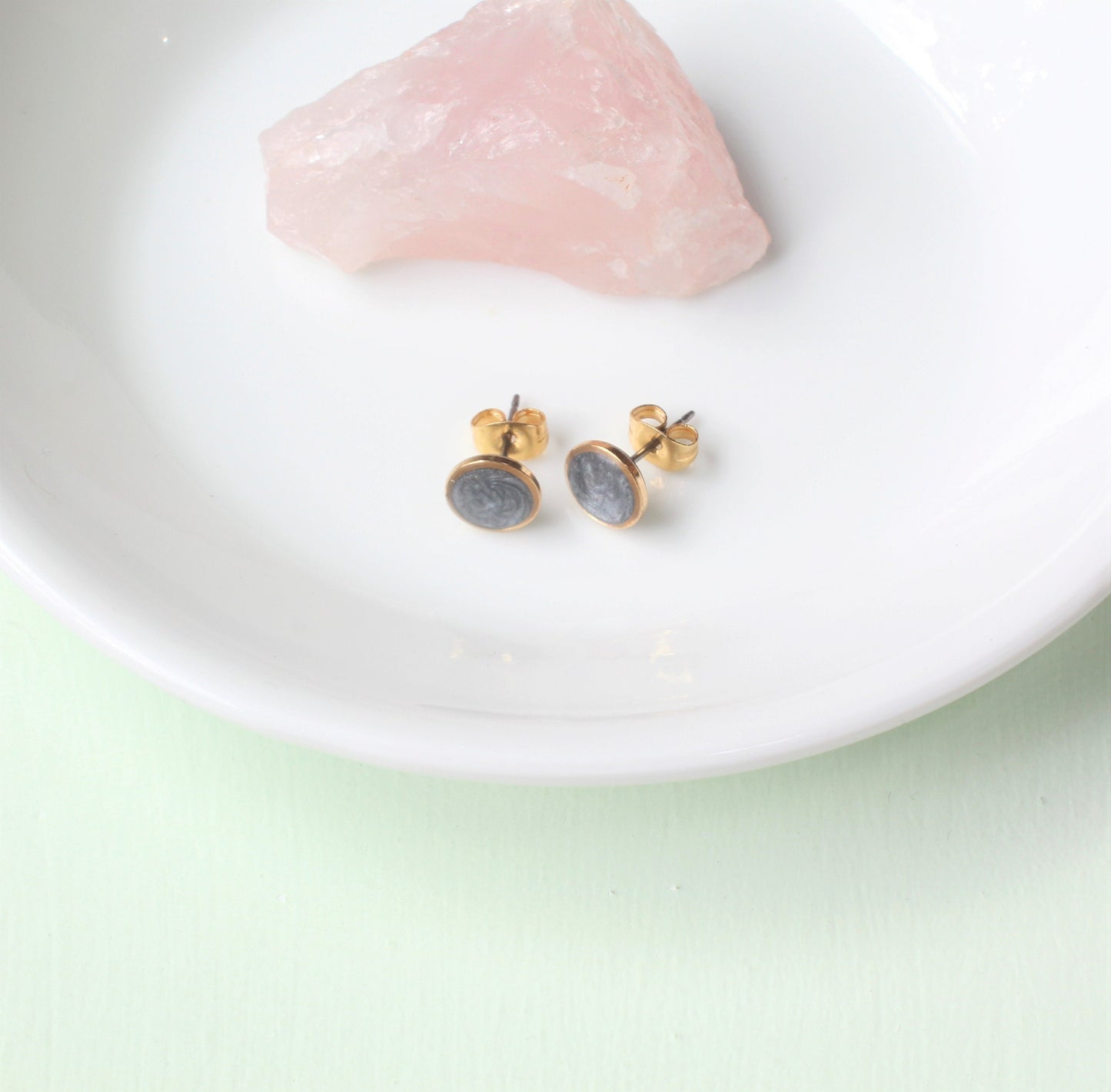 Small Modern Minimalist Gray Studs, Resin Earrings, Hypoallergenic Titanium, Geometric, Gold Circles Slate Gray, Layering, Accent Stud Posts