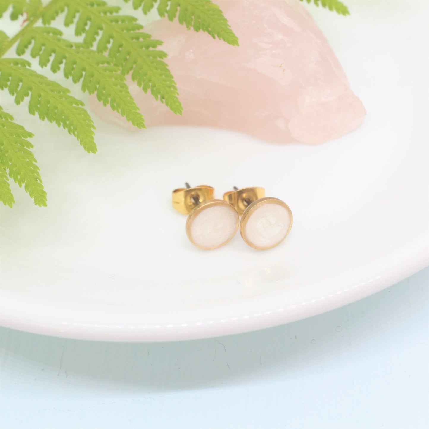 Small Modern Minimalist White and Gold Studs, Resin Earrings, Hypoallergenic Titanium, Geometric Gold Circles, Frosty White, Every day Studs
