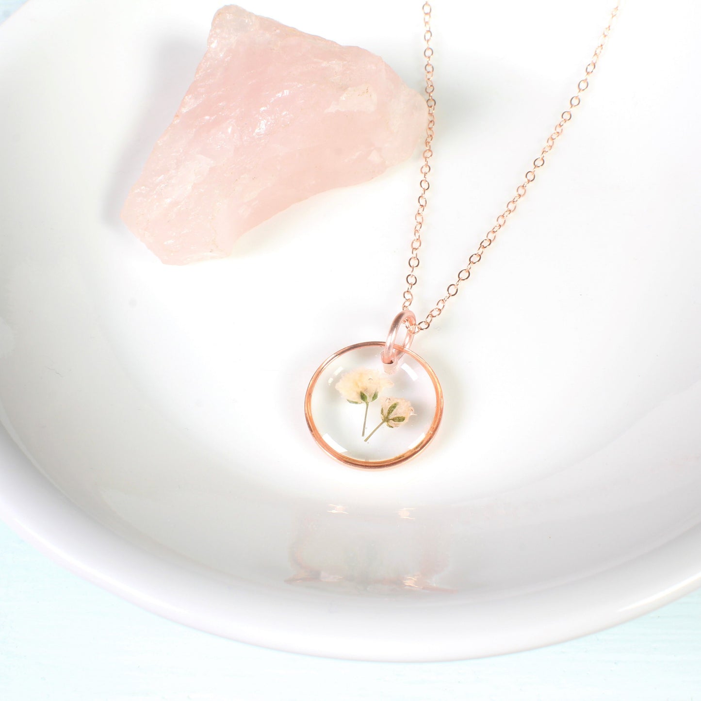 Dainty baby's breath necklaces, small pressed flower teardrop pendants, dried white flowers, resin jewelry, handmade handcrafted nature gift