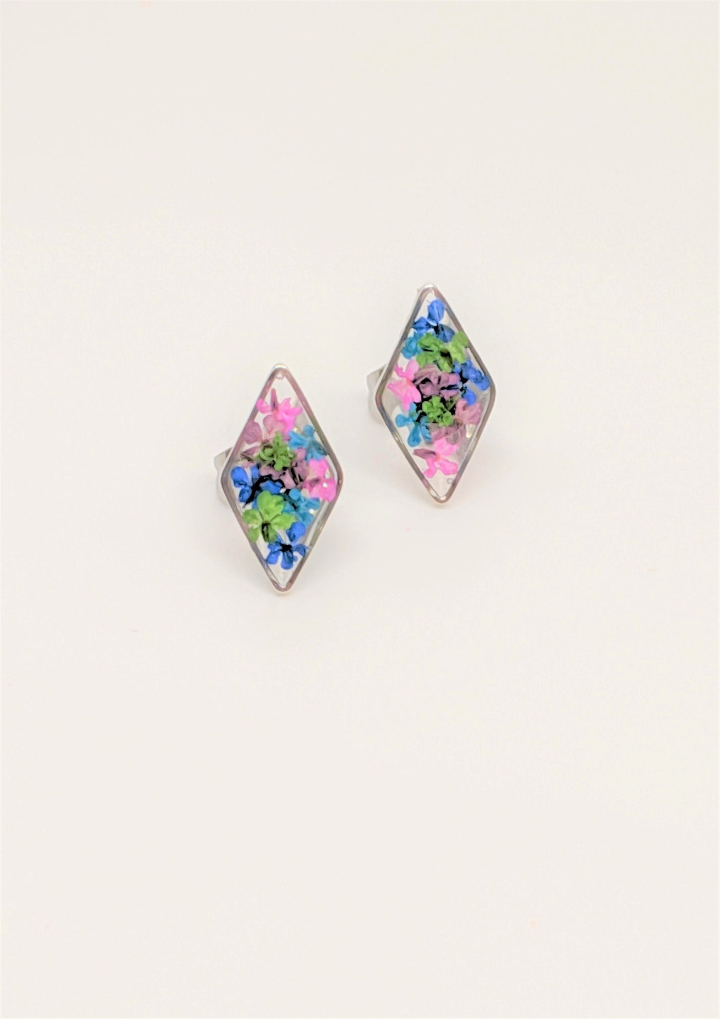 Silver Diamond-Shaped Rhombus Post Earrings with Real Pressed Flowers in Navy, Fuchsia, and Green, Titanium, Real flower jewelry, colorful
