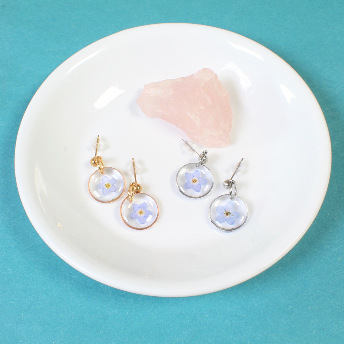 Pressed flower jewelry set, real blue forget-me-not necklaces, studs, dangles, Mother's Day gift, Anniversary gift, resin, forget me not