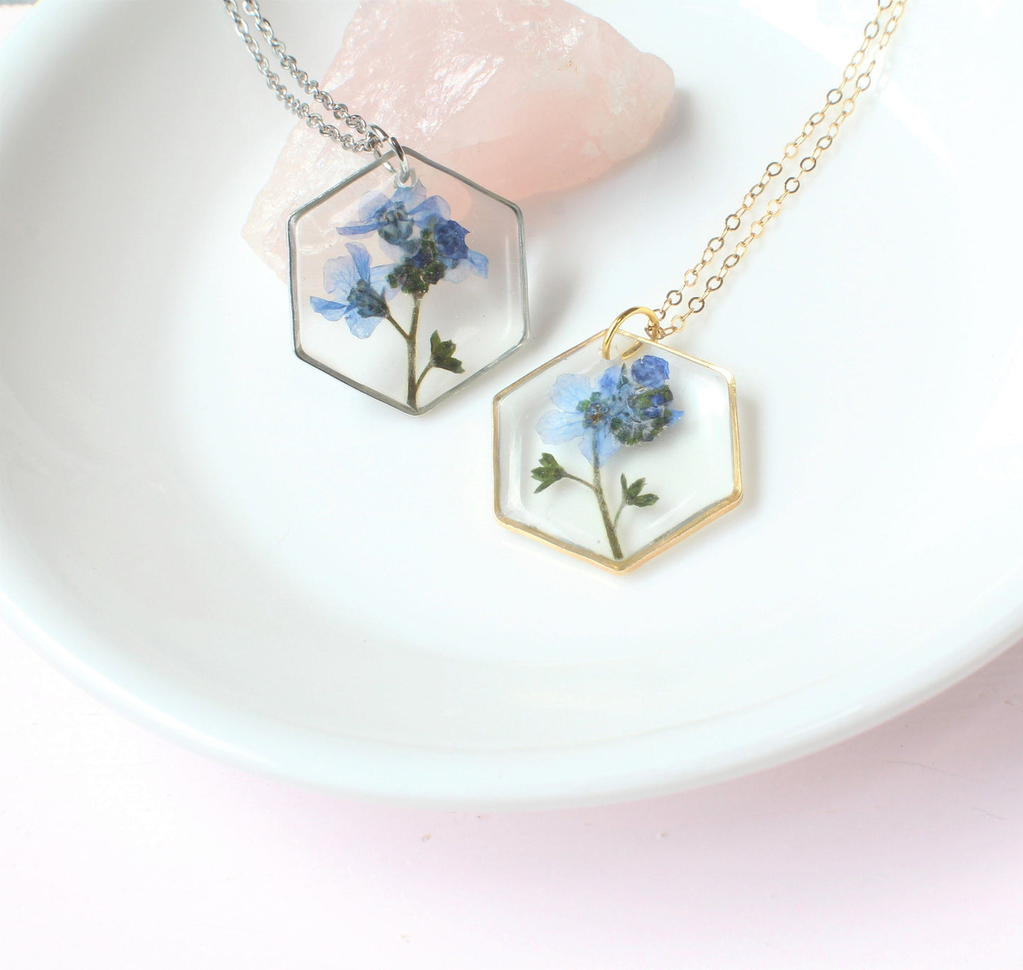 Hexagon Forget-me-not Resin Necklace