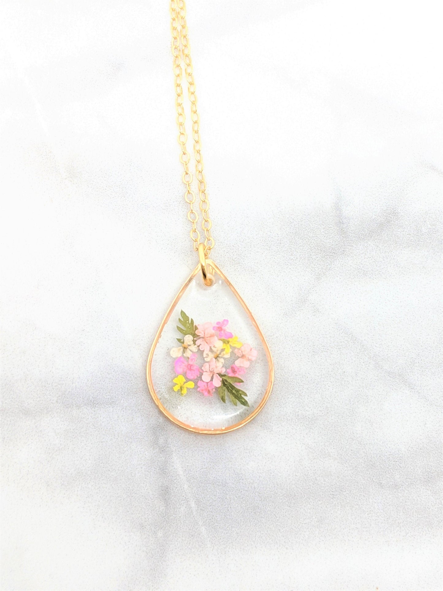 Real Pressed Flower Necklace, Small Teardrop Pendant, Pink & Yellow Bouquet, Gold Fill, Pressed Flower Jewelry, Dry Flower, Flower Girl Gift
