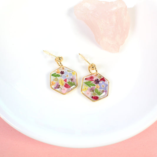 Colorful Mixed Wildflower Small Hexagon Resin Ball Stud Dangle Earrings