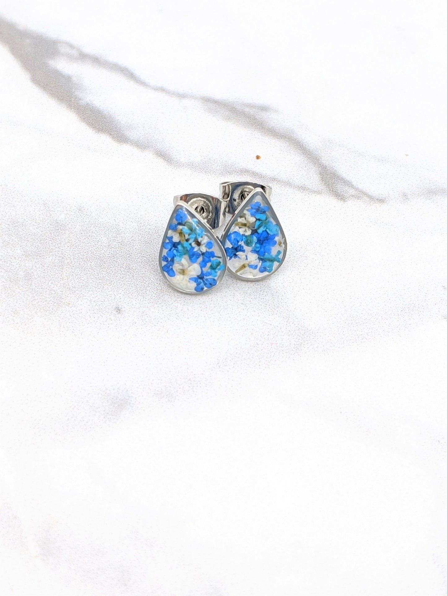 Pressed flower stud earrings, navy blue, teal, white, teardrop studs, hypoallergenic titanium