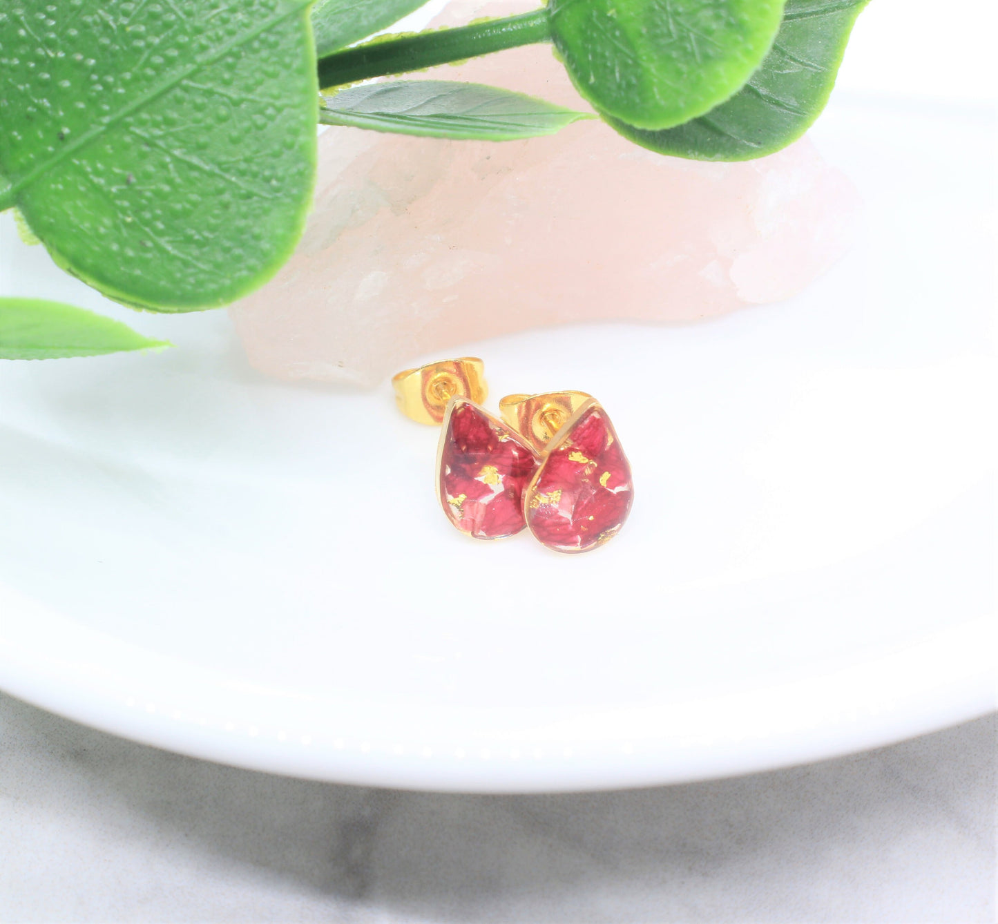 Real Pressed Flower Stud Earrings, Crushed Red Rose Petal Gold Teardrop Posts, Burgundy, Handmade Pressed Flower Jewelry, Bridal, Bridesmaid