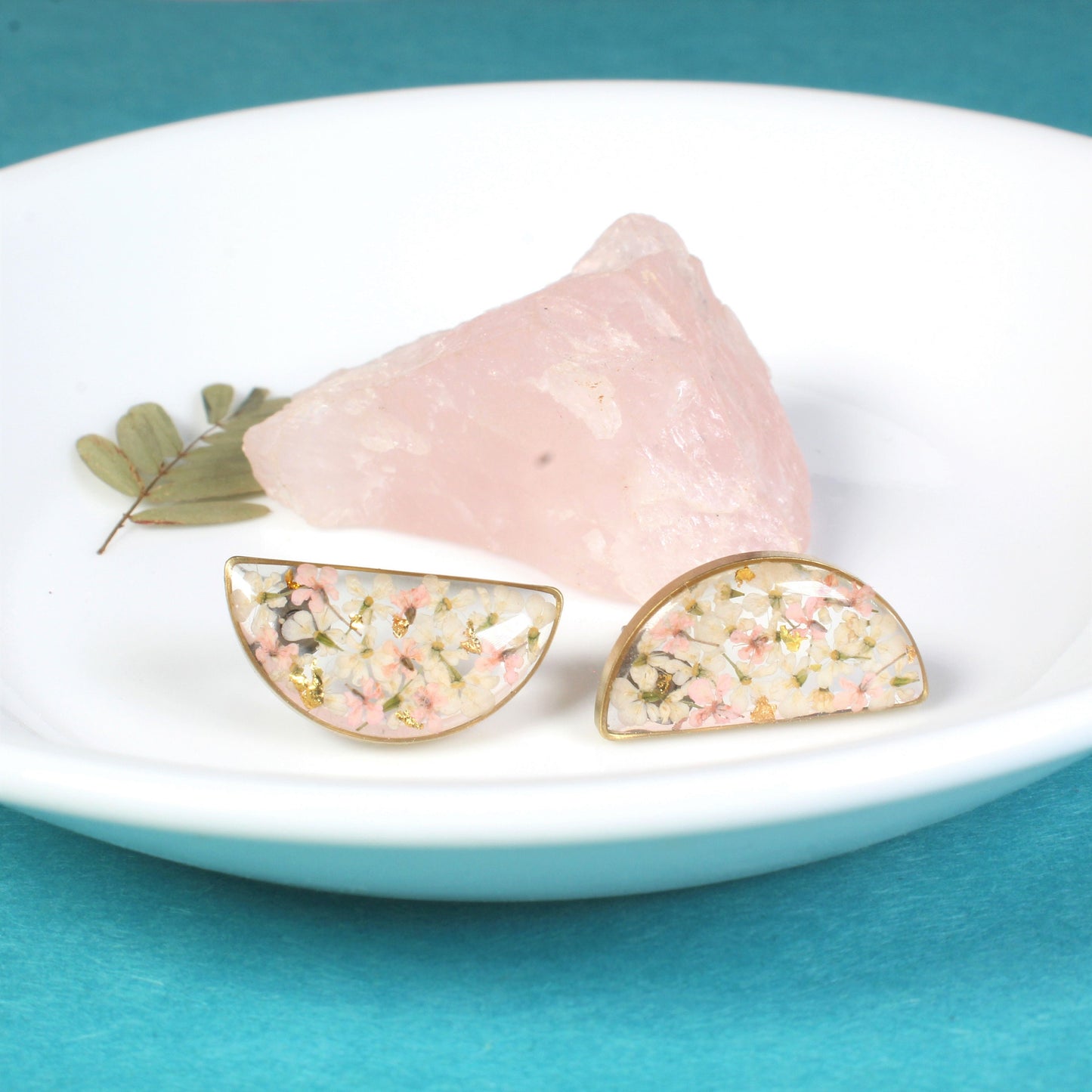 Pressed Flower Semicircle Earrings, Half Moon Resin Studs, Handmade Blush and White Dried Queen Anne's Lace, Hypoallergenic Titanium, Plants