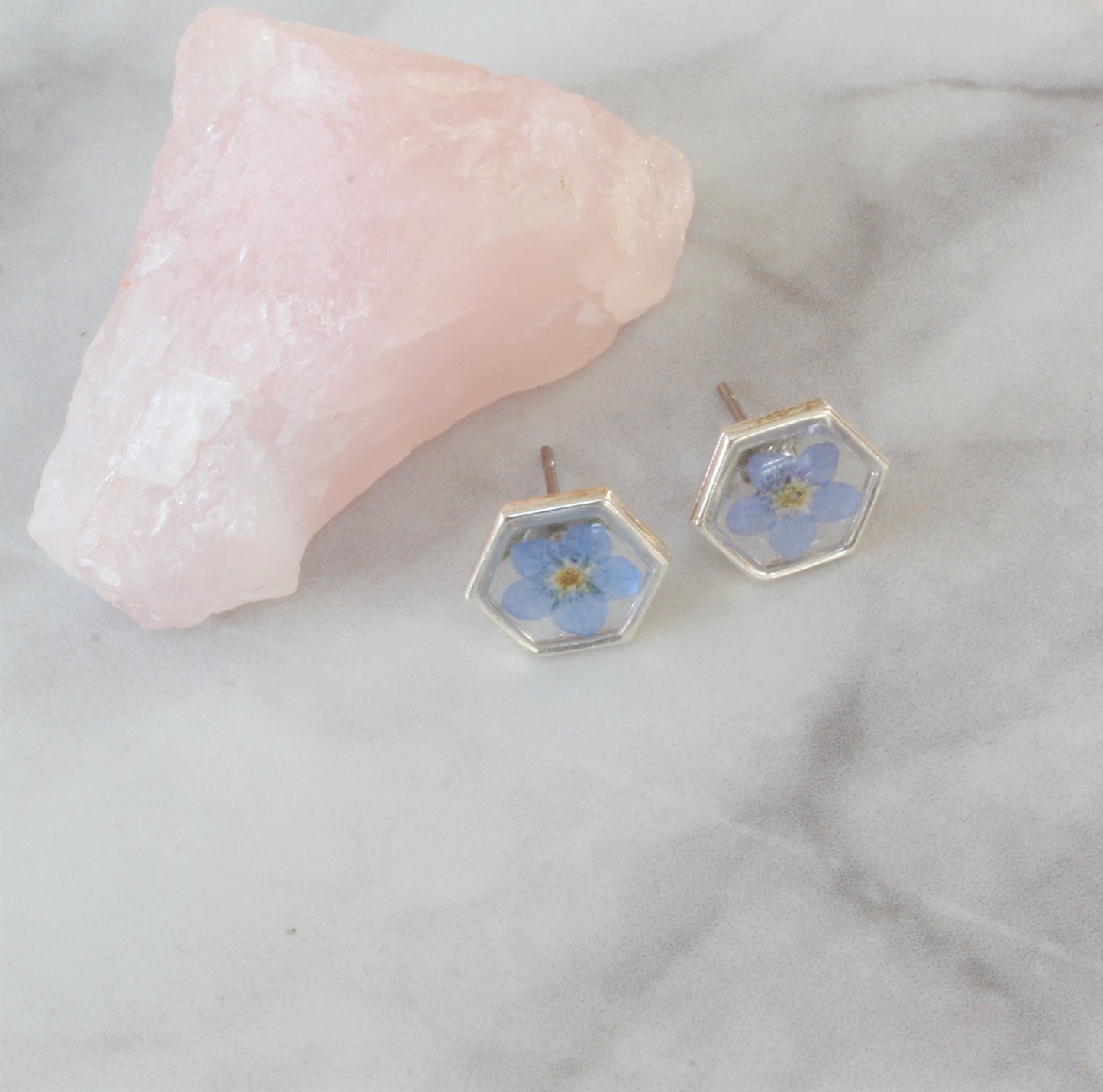 Pressed Flower Earrings, Blue Forget-me-not Studs, Silver Hexagons, Real Dried Flowers, Resin, Plant Jewelry, Forget me not, Titanium Posts
